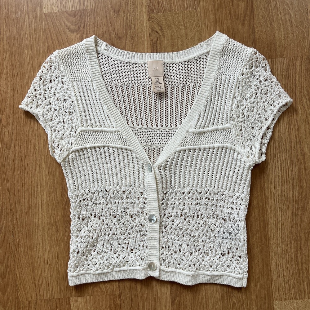 H&M Crochet Cardigan Womens Sm Lace Cap Sleeve Festival Fairy Cottage Boho Sheer